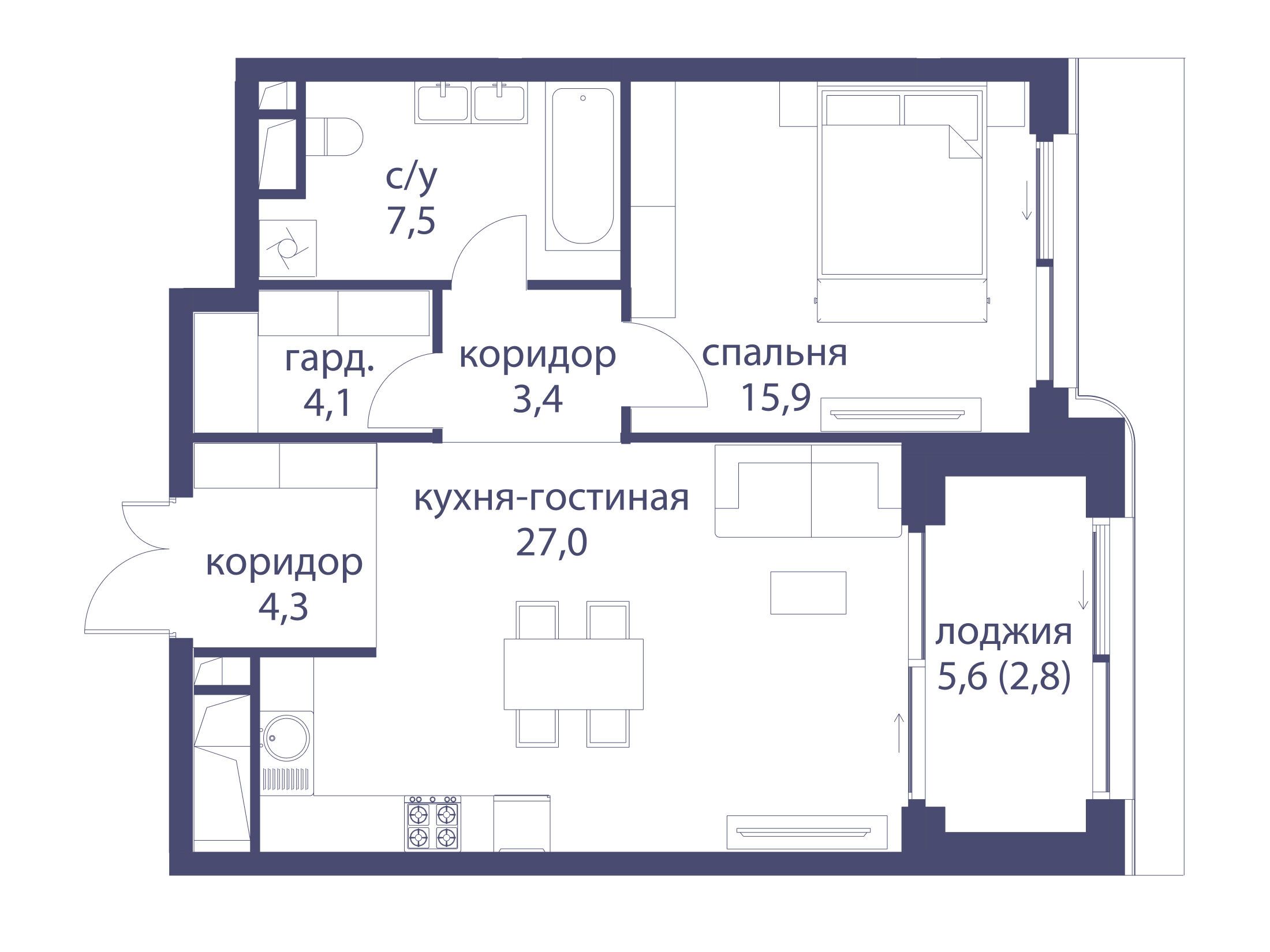 Планировка: 1-комн. квартира 65.00 м² в новостройке Река