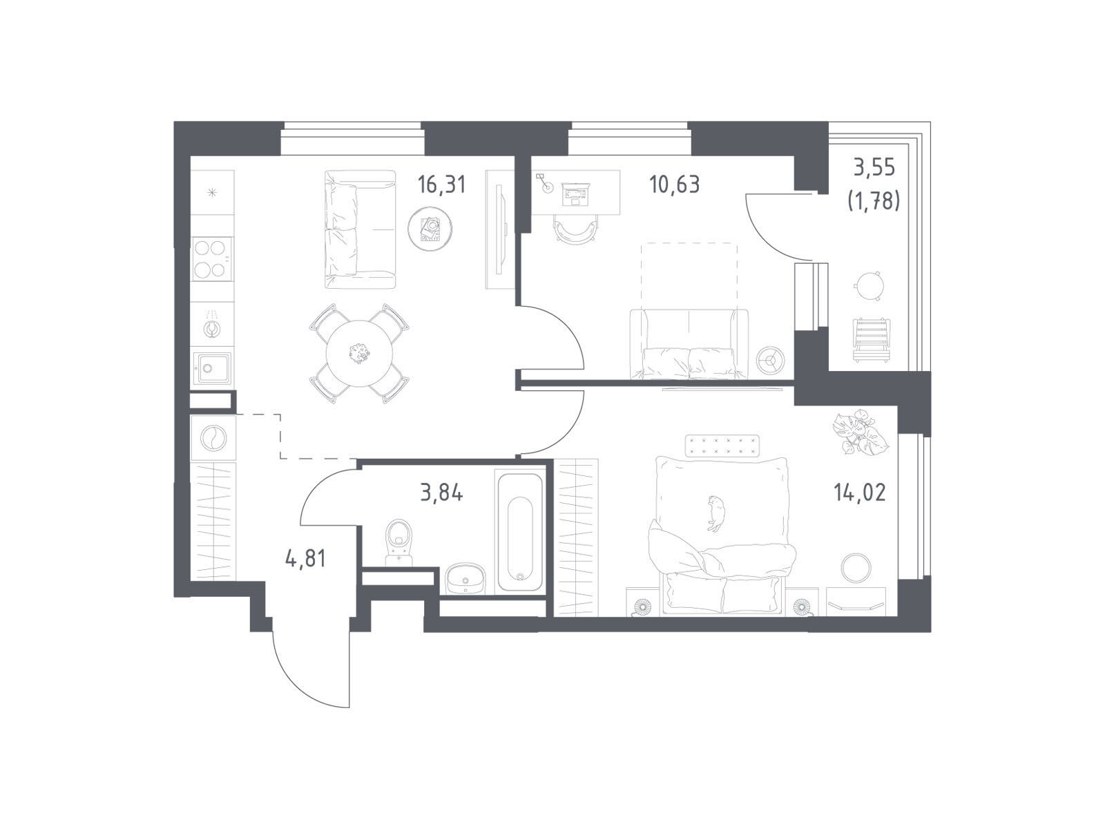 Планировка: 2-комн. квартира 51.39 м² в новостройке Большое Юрлово
