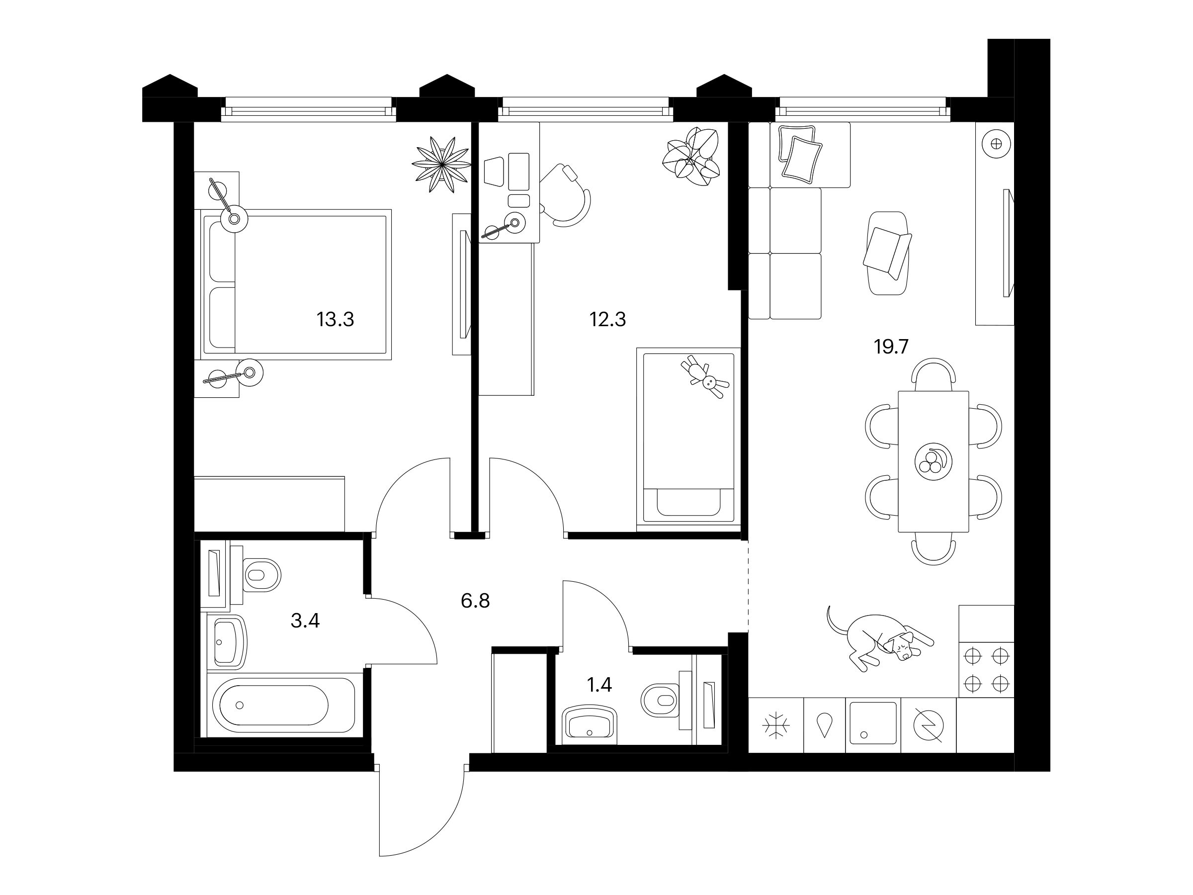 Планировка: 2-комн. квартира 56.90 м² в новостройке Бусиновский парк