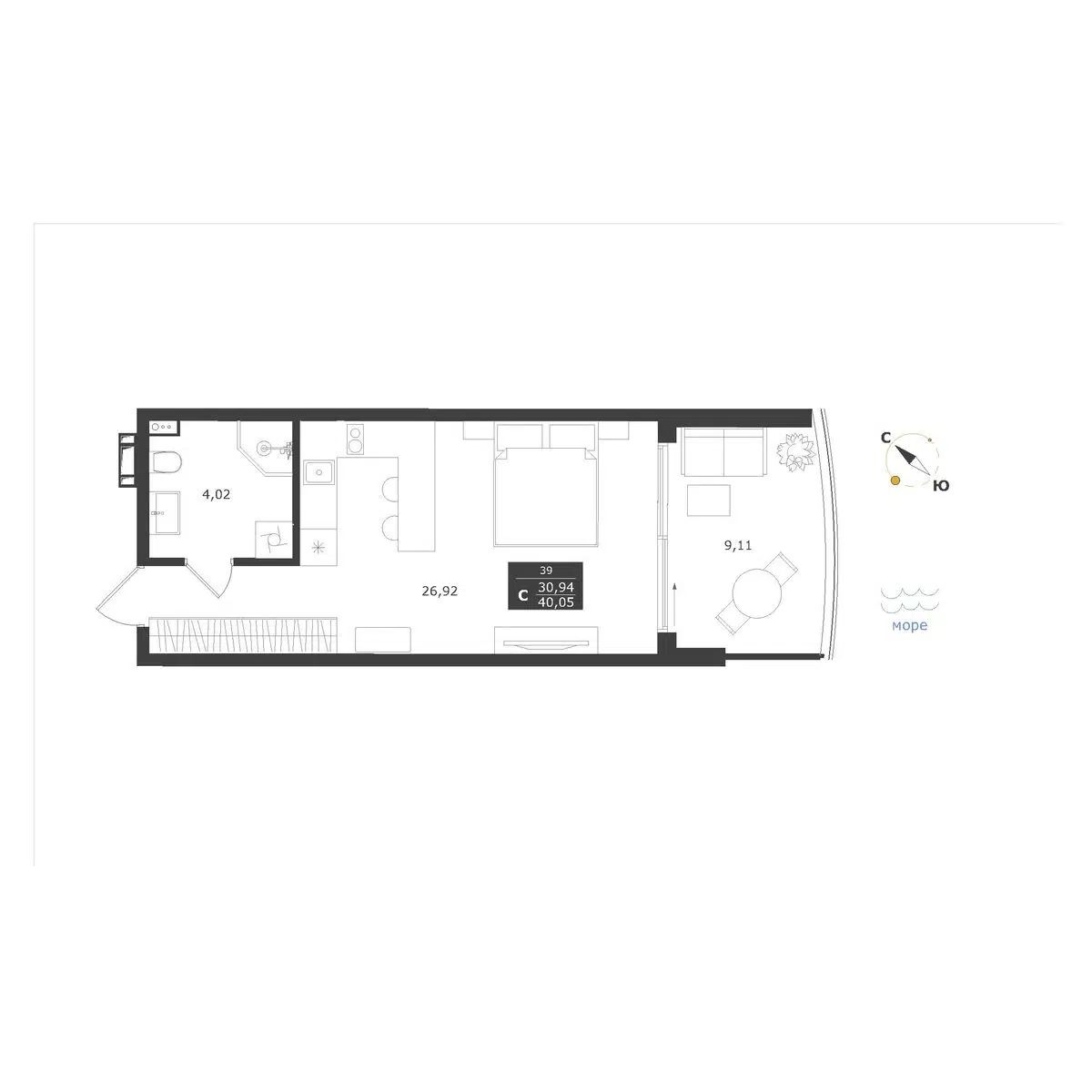 Планировка: Студия 40.05 м² в новостройке Апарт-комплекс Паруса мечты