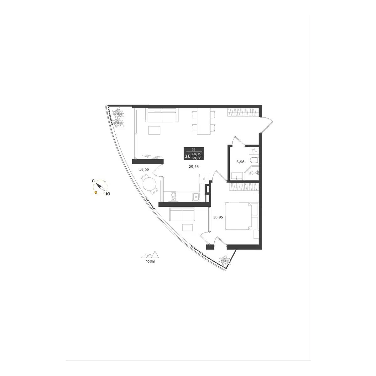 Планировка: 2-комн. квартира 58.28 м² в новостройке Апарт-комплекс Паруса мечты