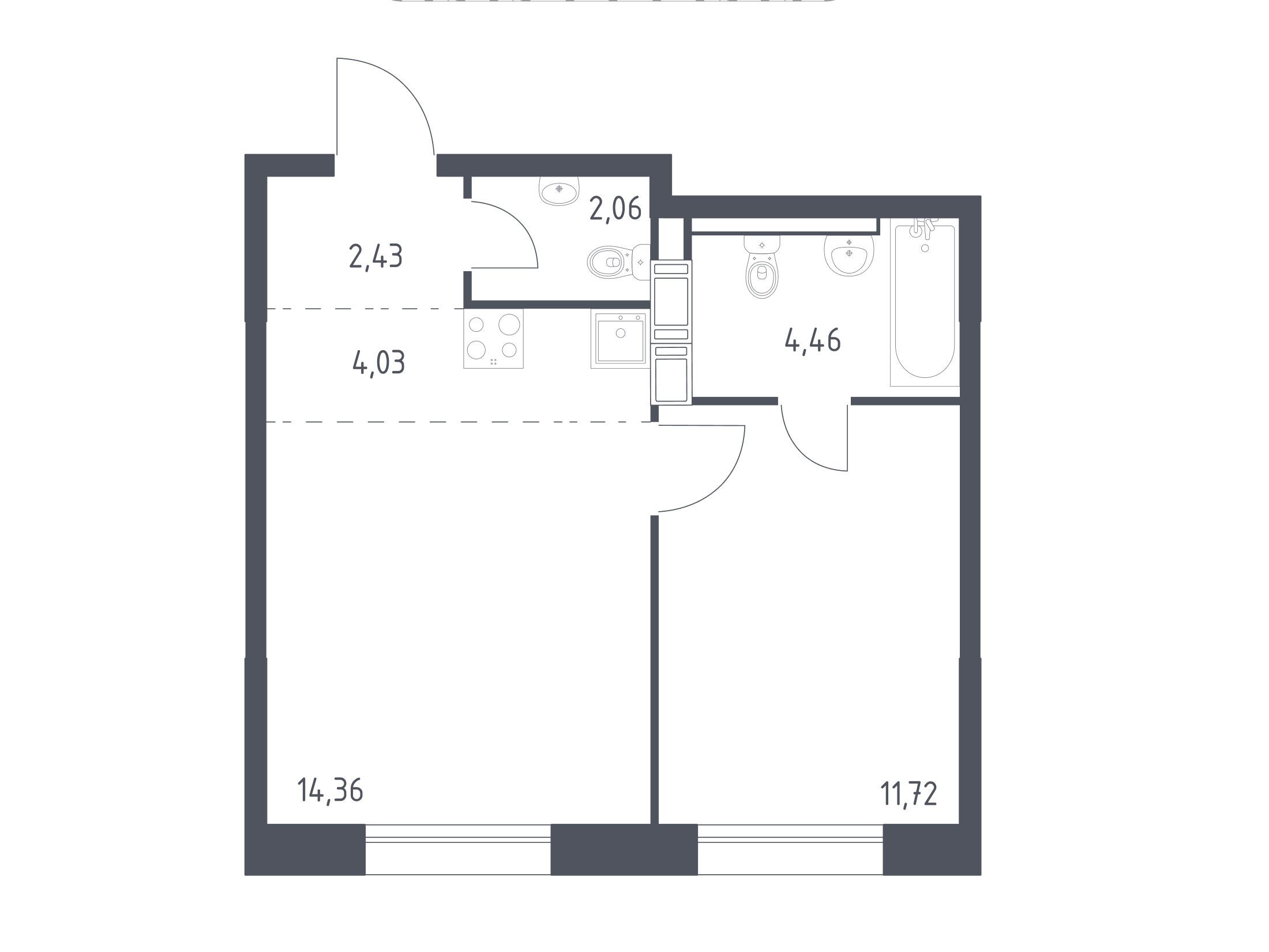 Планировка: 1-комн. квартира 39.06 м² в новостройке Цветочные поляны