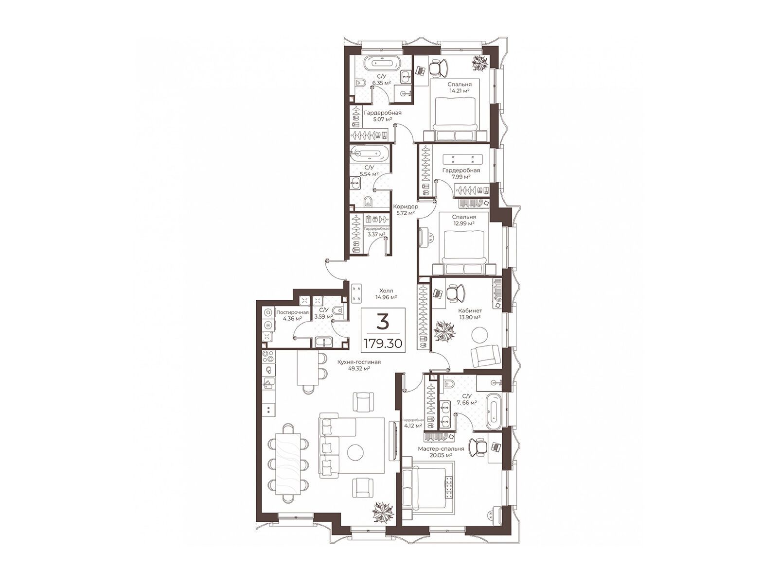 Планировка: 3-комн. квартира 179.30 м² в новостройке Воронцовъ