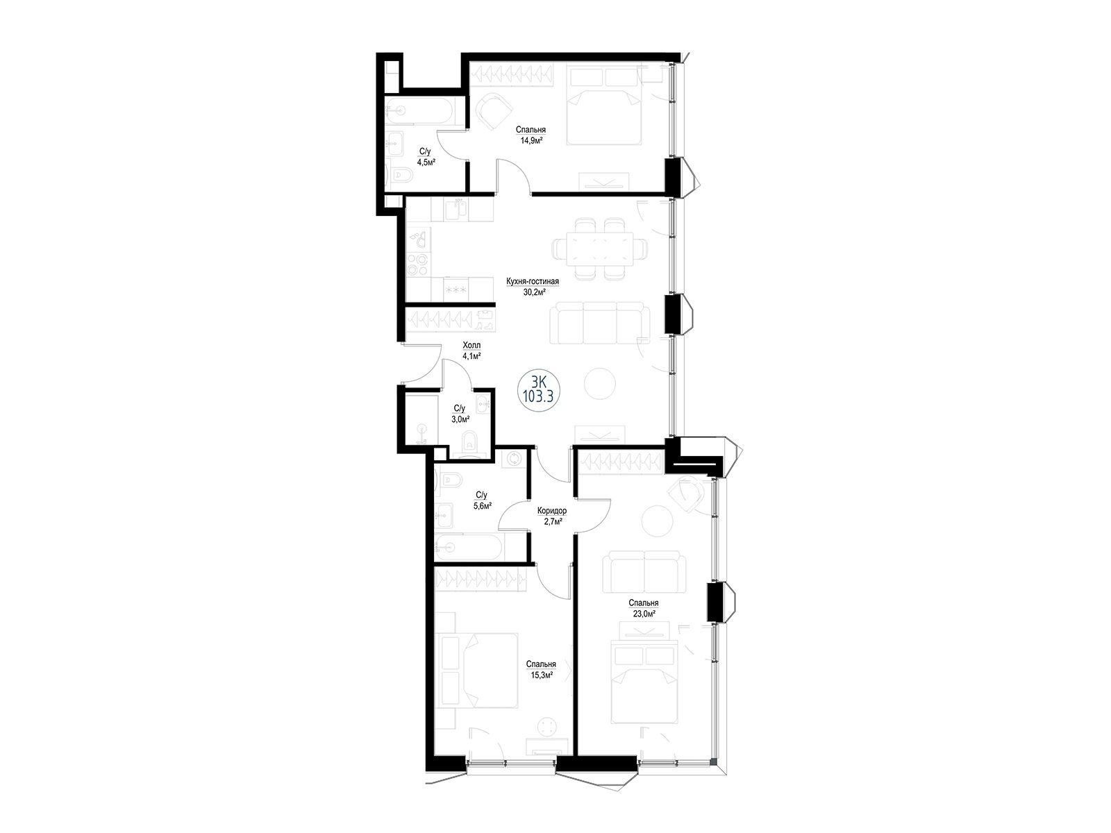 Планировка: 4-комн. квартира 101.10 м² в новостройке Метрополия
