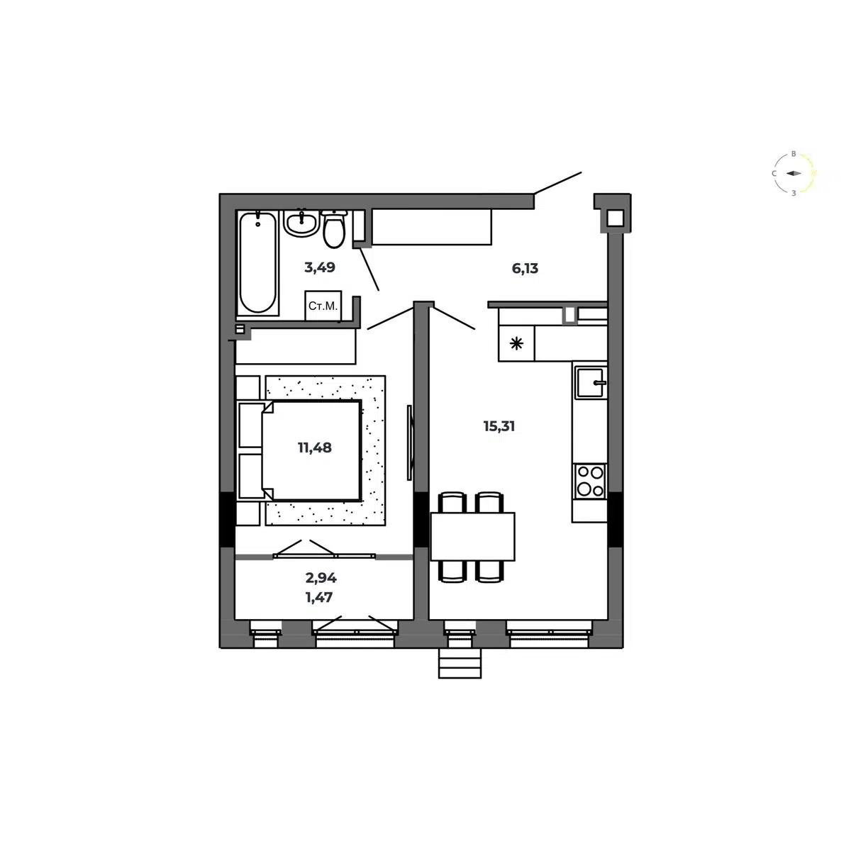 Планировка: 1-комн. квартира 37.88 м² в новостройке Красный Пахарь