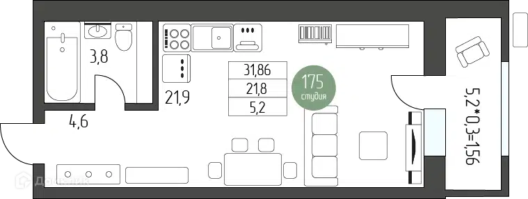 Планировка: Студия 31.58 м² в новостройке Лермонтов