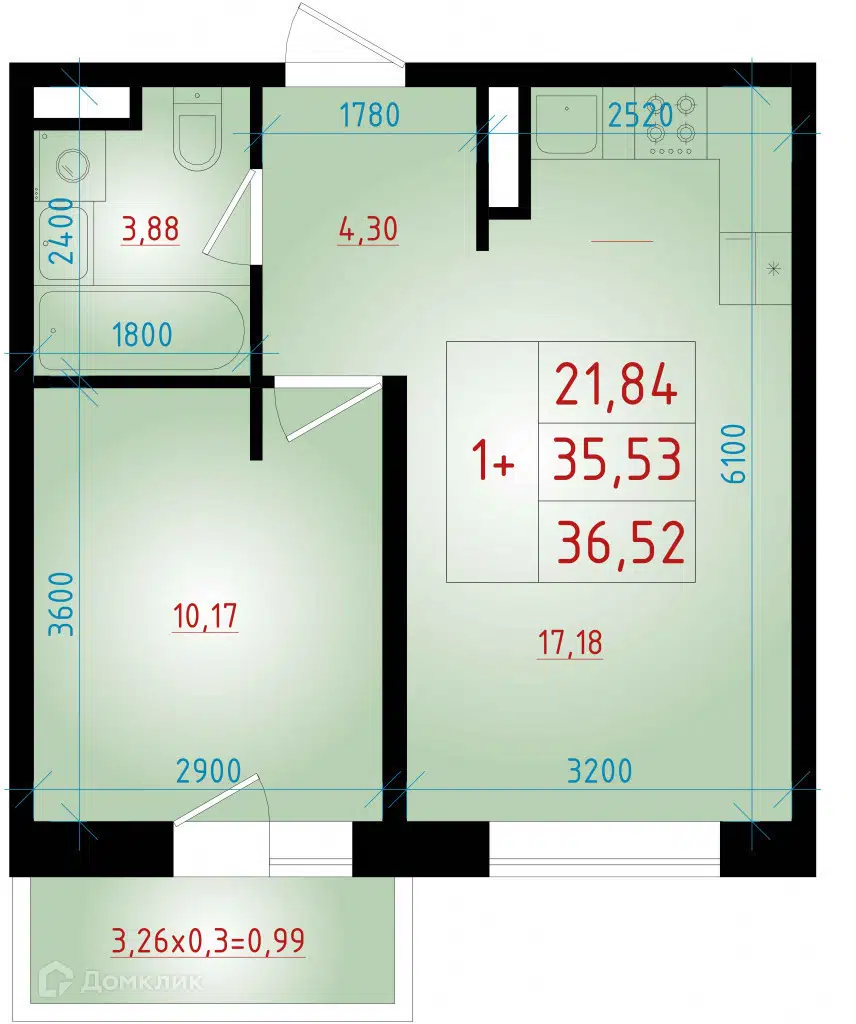 Планировка: 1-комн. квартира 36.52 м² в новостройке Мега2