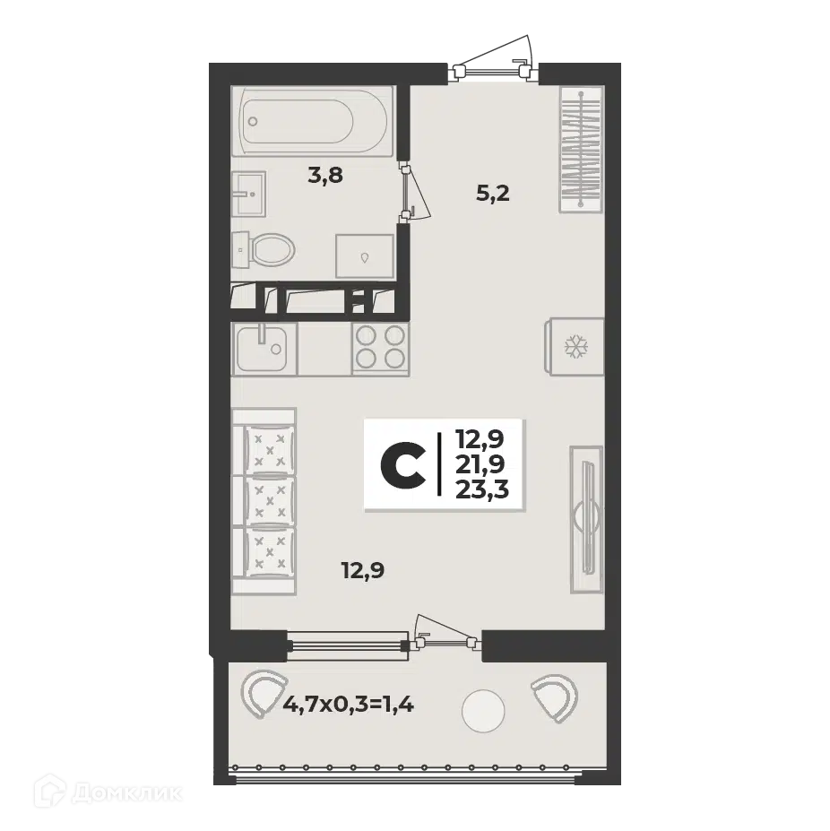 Планировка: Студия 23.30 м² в новостройке Лето