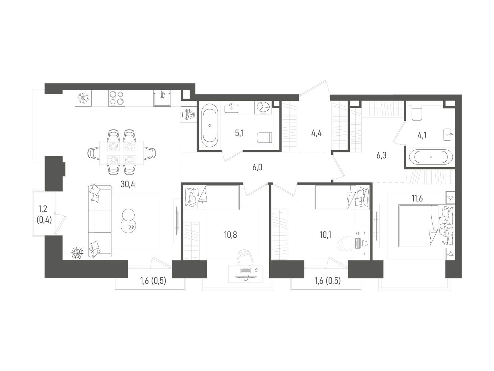 Планировка: 3-комн. квартира 90.20 м² в новостройке Татум