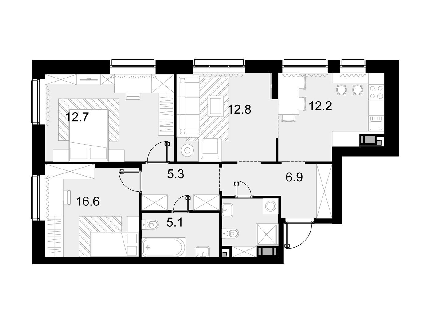 Планировка: 3-комн. квартира 75.90 м² в новостройке Трилогия Кристалл