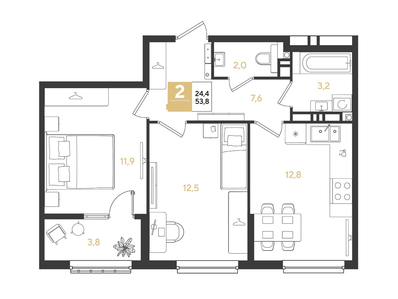 Планировка: 2-комн. квартира 53.80 м² в новостройке Ридз