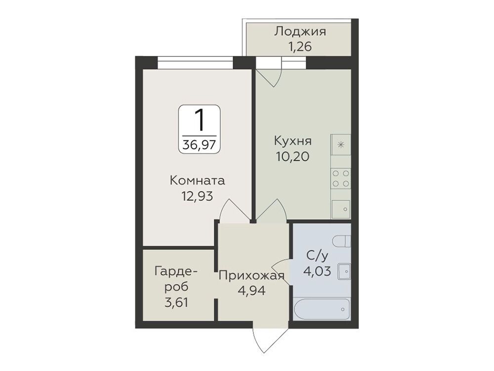 Планировка: 1-комн. квартира 36.97 м² в новостройке Панорама Юкки