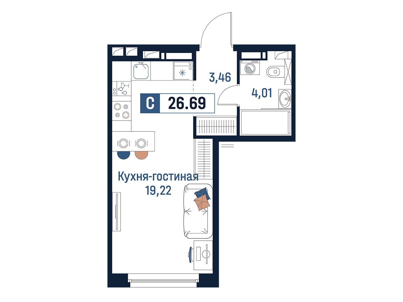 Планировка: Студия 26.69 м² в новостройке Максималист