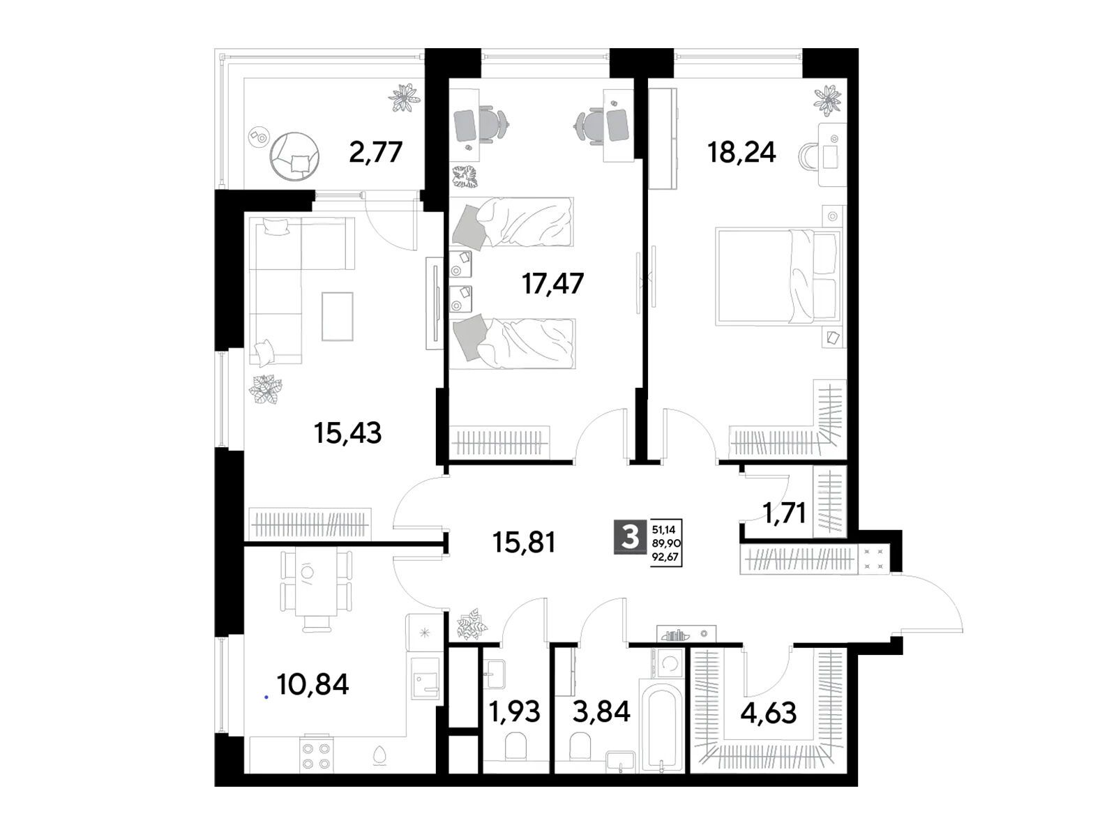 Планировка: 3-комн. квартира 92.67 м² в новостройке Эво