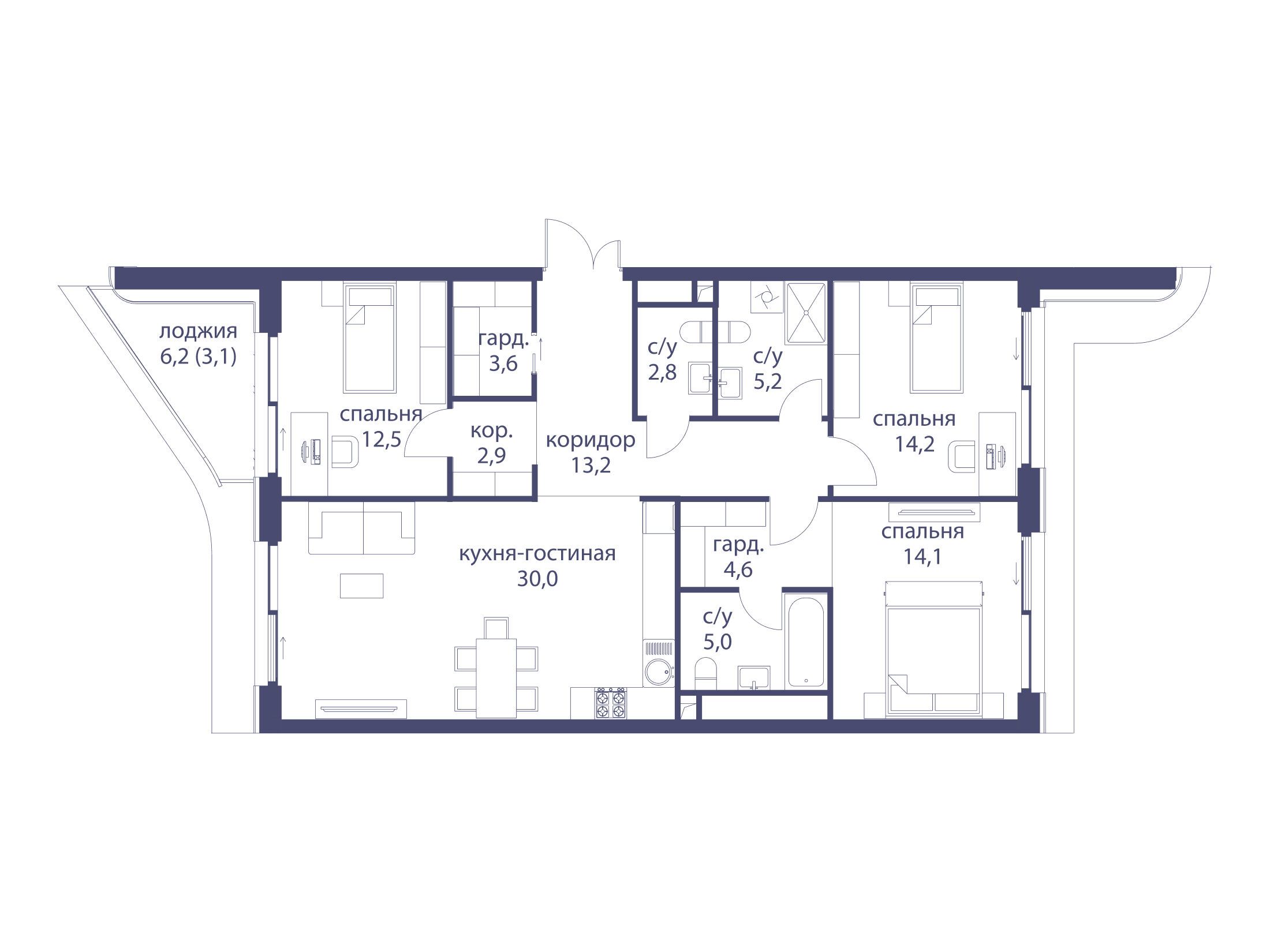 Планировка: 3-комн. квартира 111.20 м² в новостройке Река
