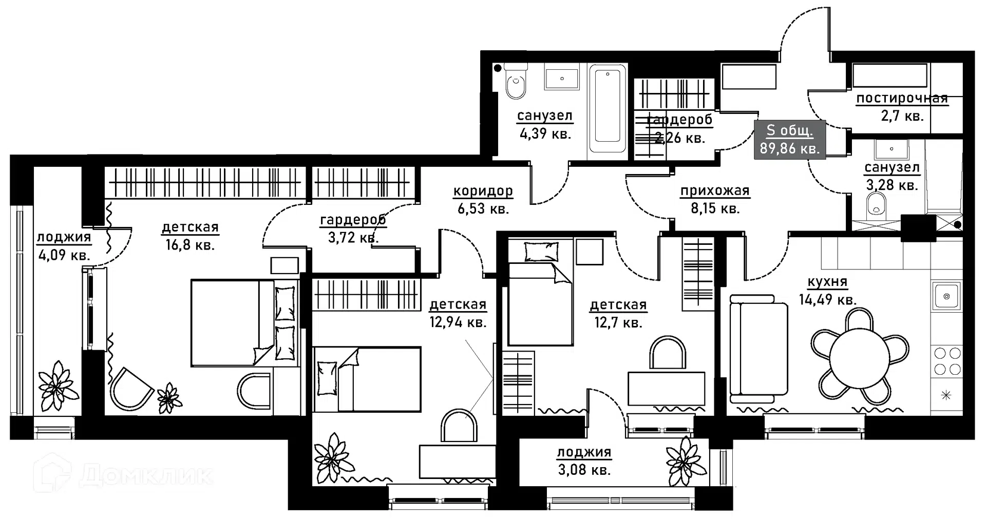 Планировка: 3-комн. квартира 89.86 м² в новостройке null