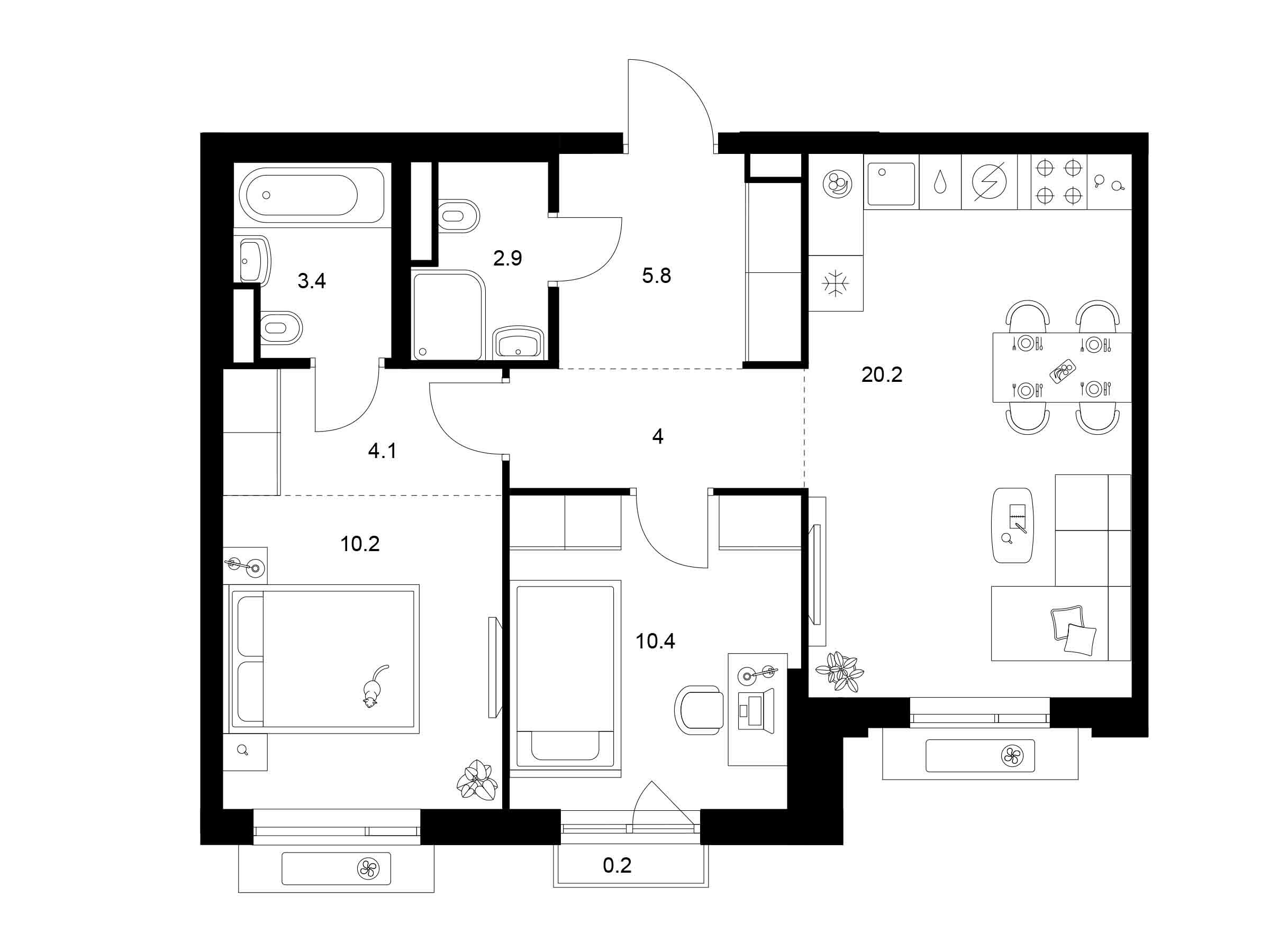 Планировка: 2-комн. квартира 61.20 м² в новостройке Лосиноостровский парк