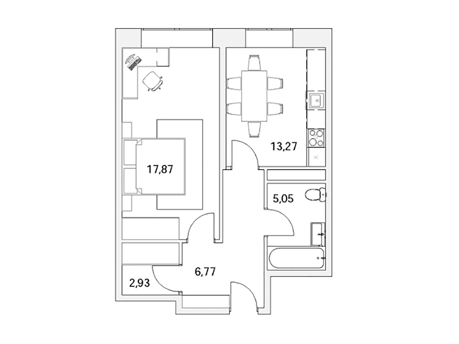Планировка: 1-комн. квартира 45.77 м² в новостройке Бруно