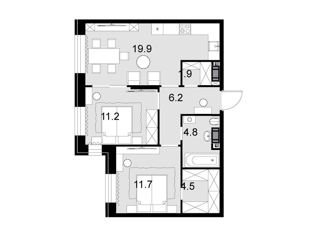 Планировка: 2-комн. квартира 59.90 м² в новостройке Театральный квартал
