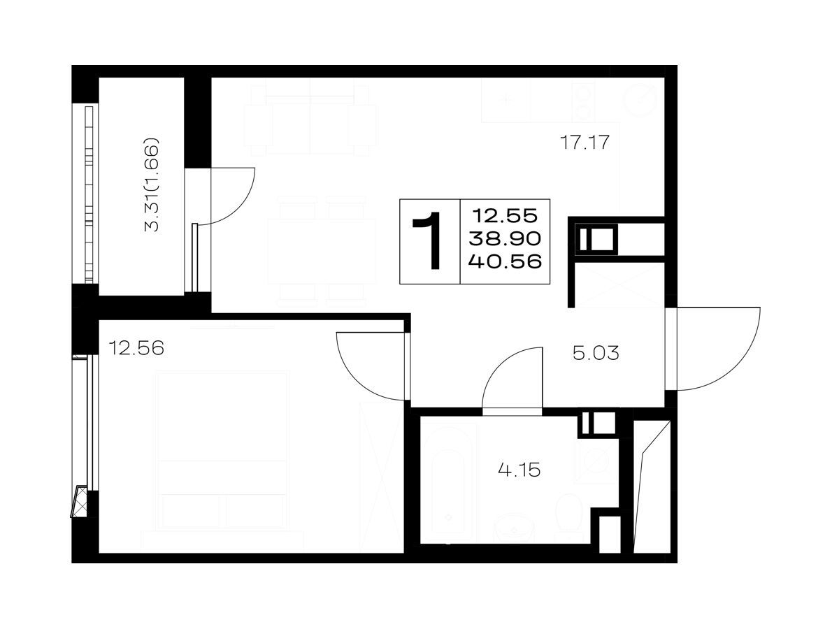 Планировка: 1-комн. квартира 40.56 м² в новостройке Борский
