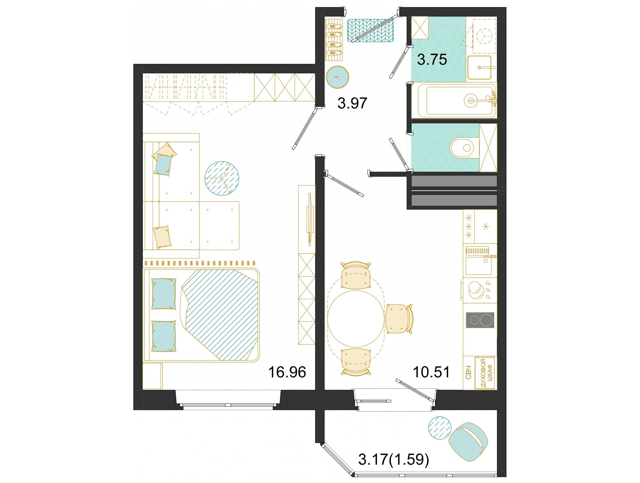 Планировка: 1-комн. квартира 36.78 м² в новостройке Оптима на Текстильщиков