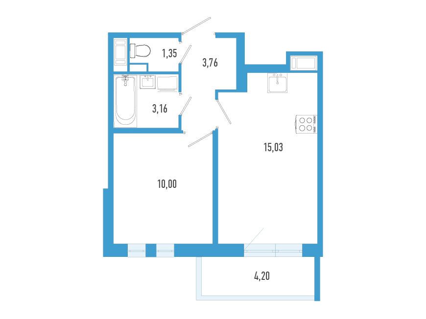 Планировка: 1-комн. квартира 34.56 м² в новостройке Аэросити