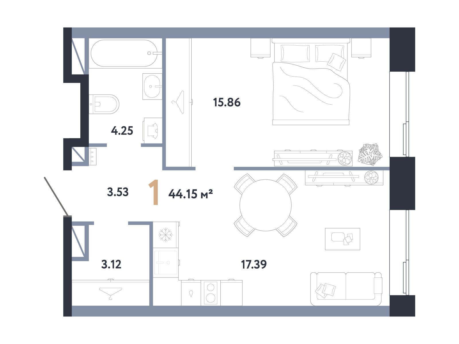 Планировка: 1-комн. квартира 44.15 м² в новостройке Репаблик