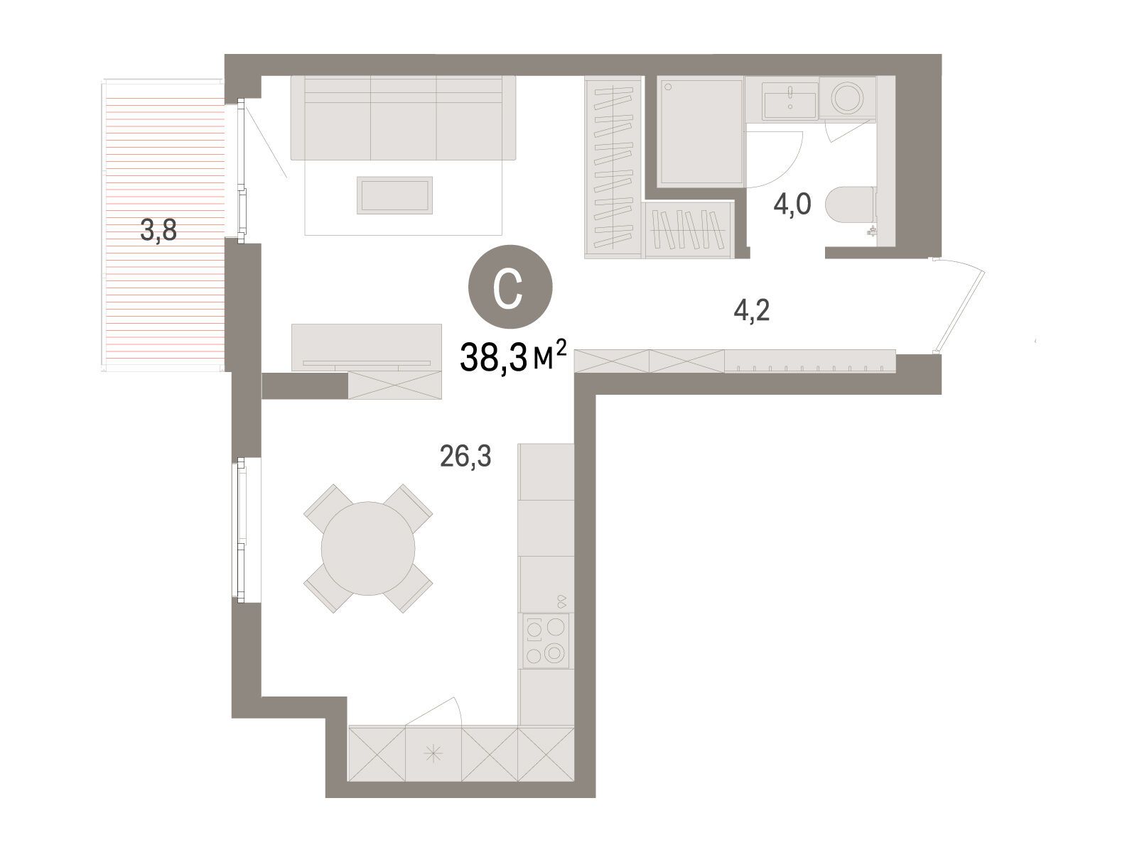Планировка: Студия 38.30 м² в новостройке Брусника в Новоселье