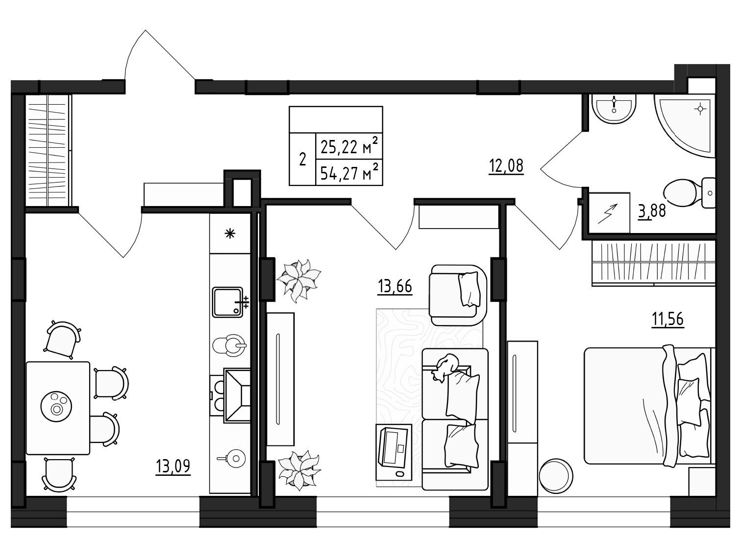 Планировка: 2-комн. квартира 54.27 м² в новостройке Верево-Сити