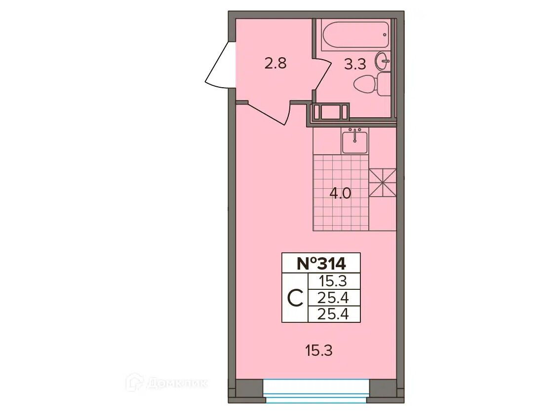 Планировка: Студия 25.40 м² в новостройке Капральский