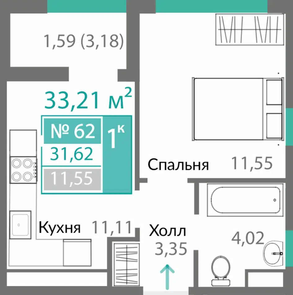 Планировка: 1-комн. квартира 31.62 м² в новостройке ЖК Горизонты-2
