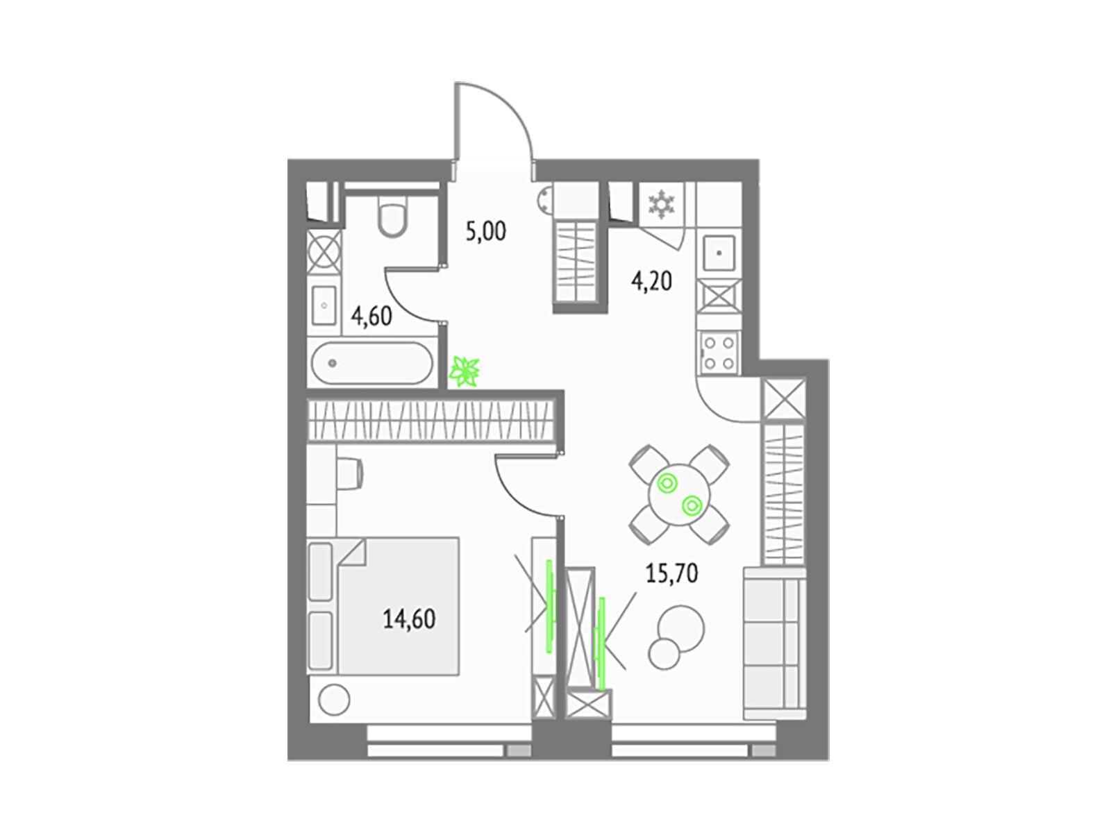 Планировка: 1-комн. квартира 43.80 м² в новостройке Апсайд Тауерс