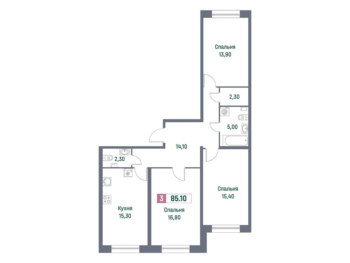 Планировка: 3-комн. квартира 85.10 м² в новостройке Фотограф
