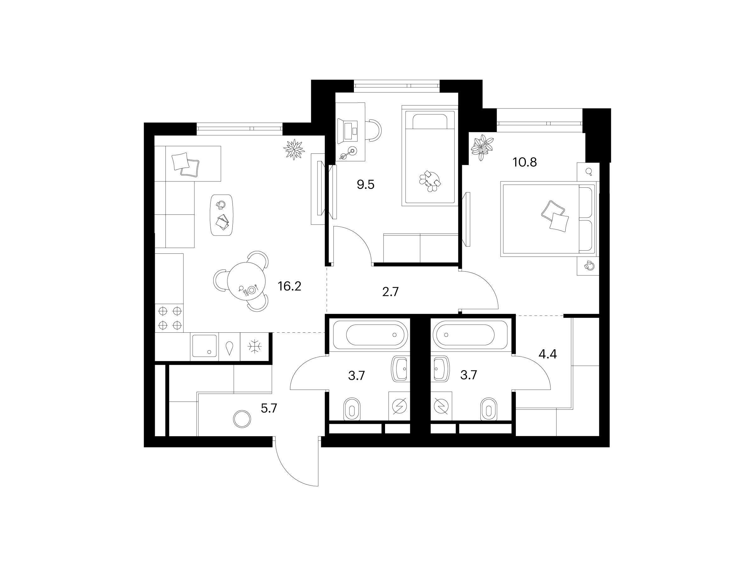 Планировка: 2-комн. квартира 56.70 м² в новостройке Середневский лес