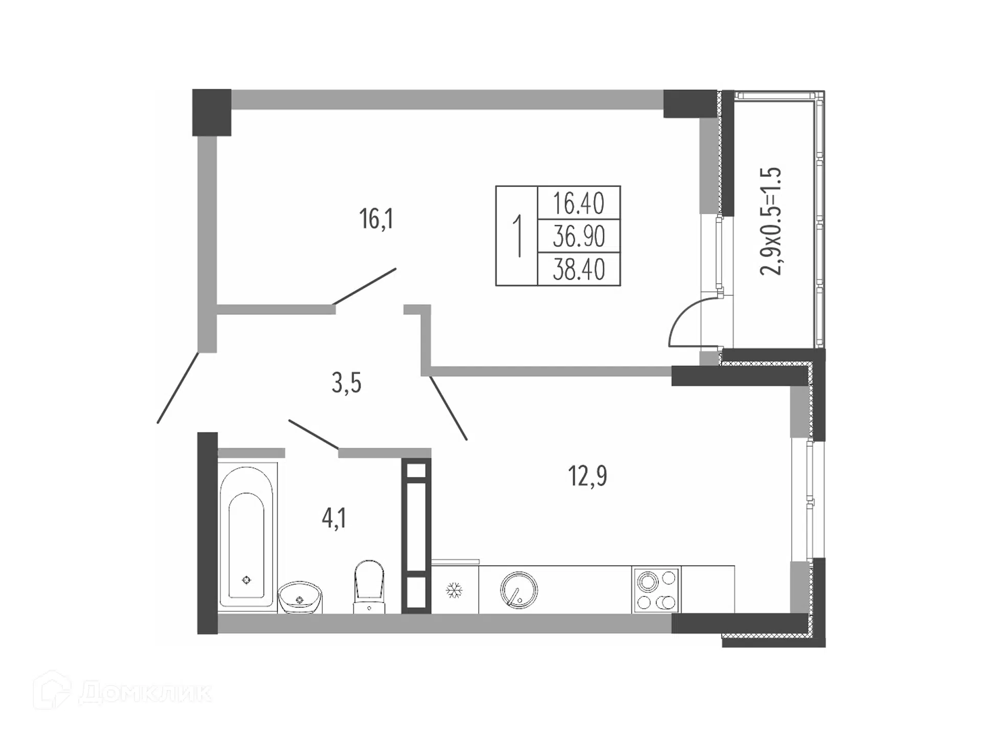 Планировка: 1-комн. квартира 39.50 м² в новостройке Екатерининский парк