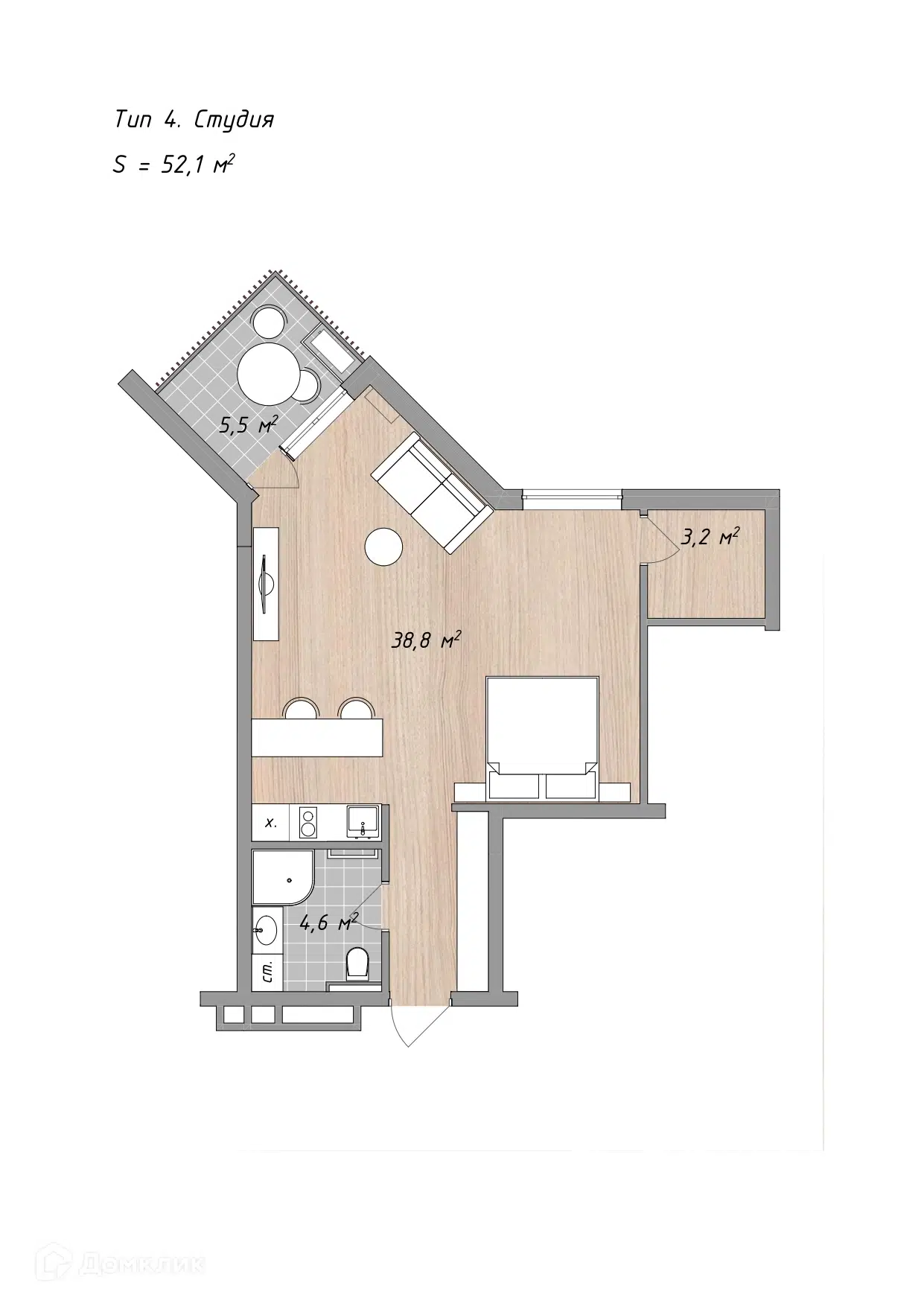 Планировка: Студия 52.10 м² в новостройке Оазис Азова