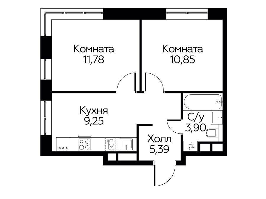 Планировка: 2-комн. квартира 41.17 м² в новостройке Цветочные поляны