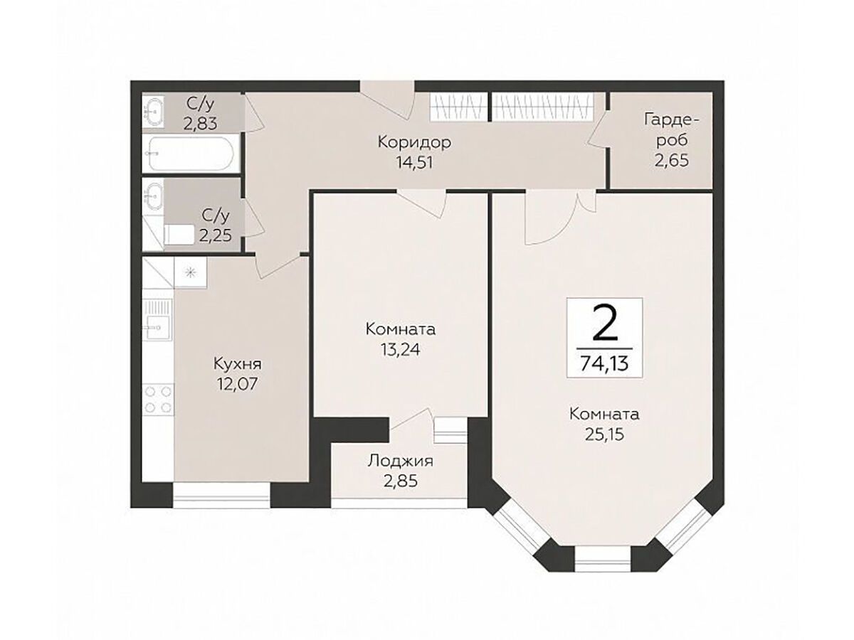 Планировка: 2-комн. квартира 74.13 м² в новостройке Пахра Сити