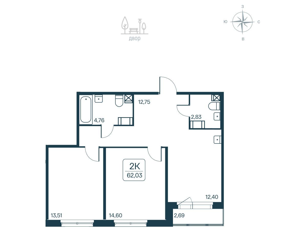 Планировка: 2-комн. квартира 62.03 м² в новостройке Расцветай в Янино