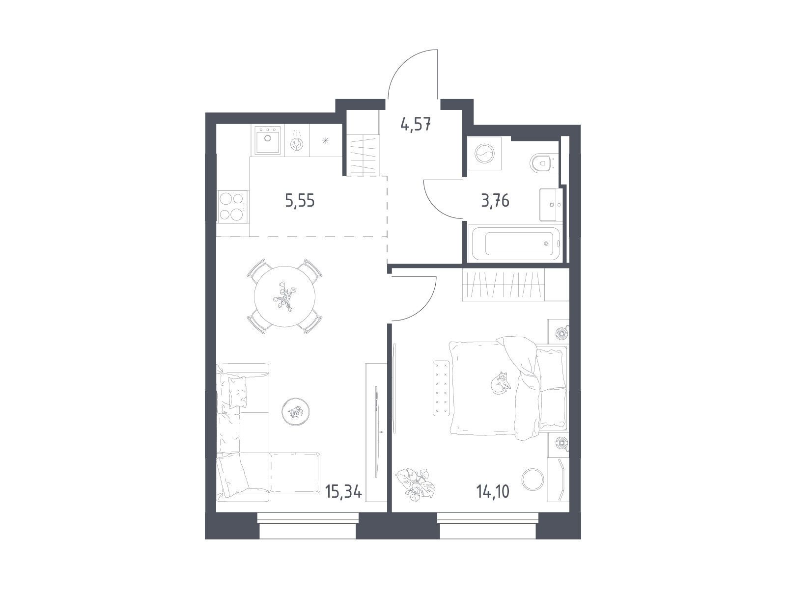 Планировка: 1-комн. квартира 43.32 м² в новостройке Заречье Парк