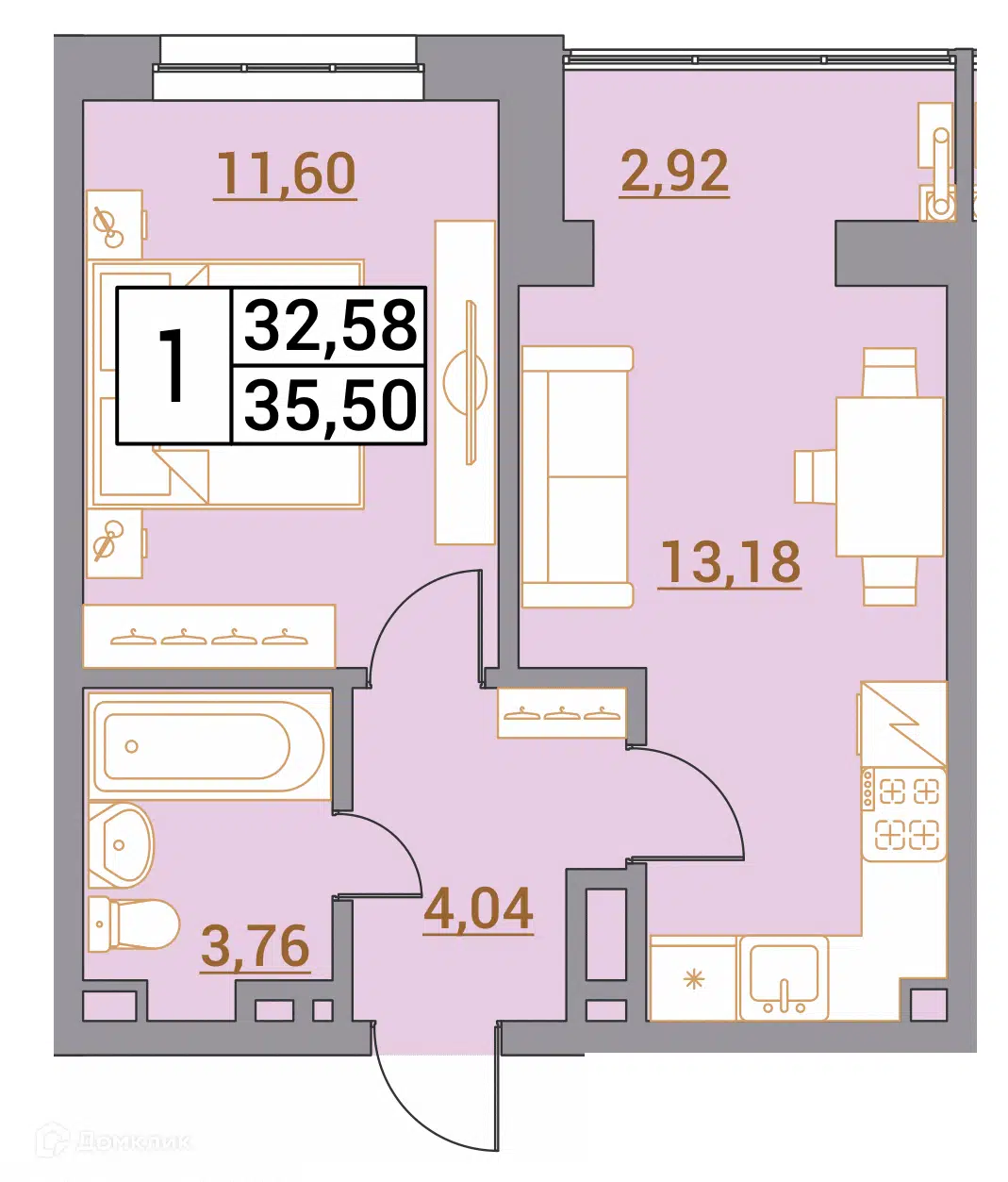 Планировка: 1-комн. квартира 35.50 м² в новостройке Зеленый город