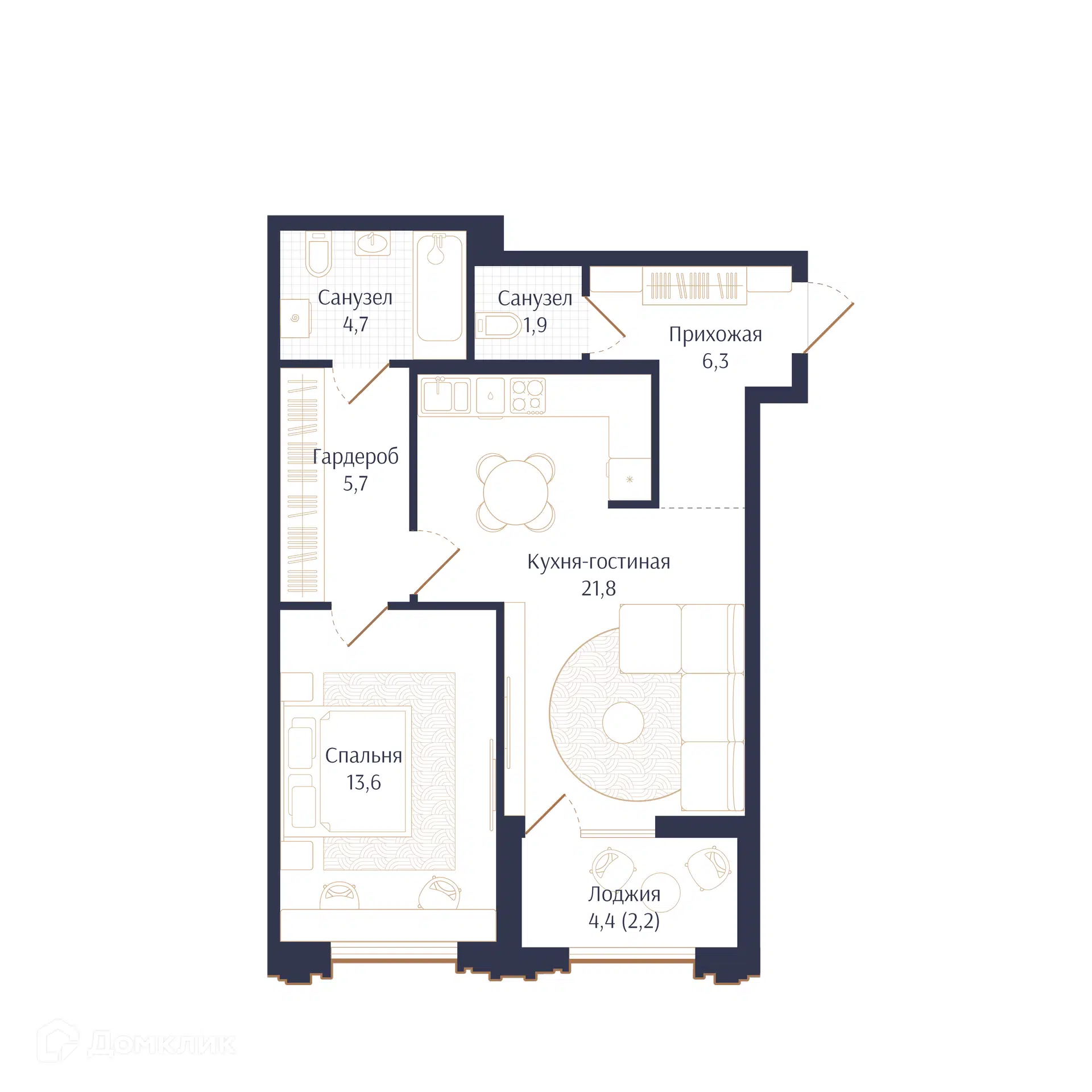 Планировка: 1-комн. квартира 56.20 м² в новостройке Брют Резиденс
