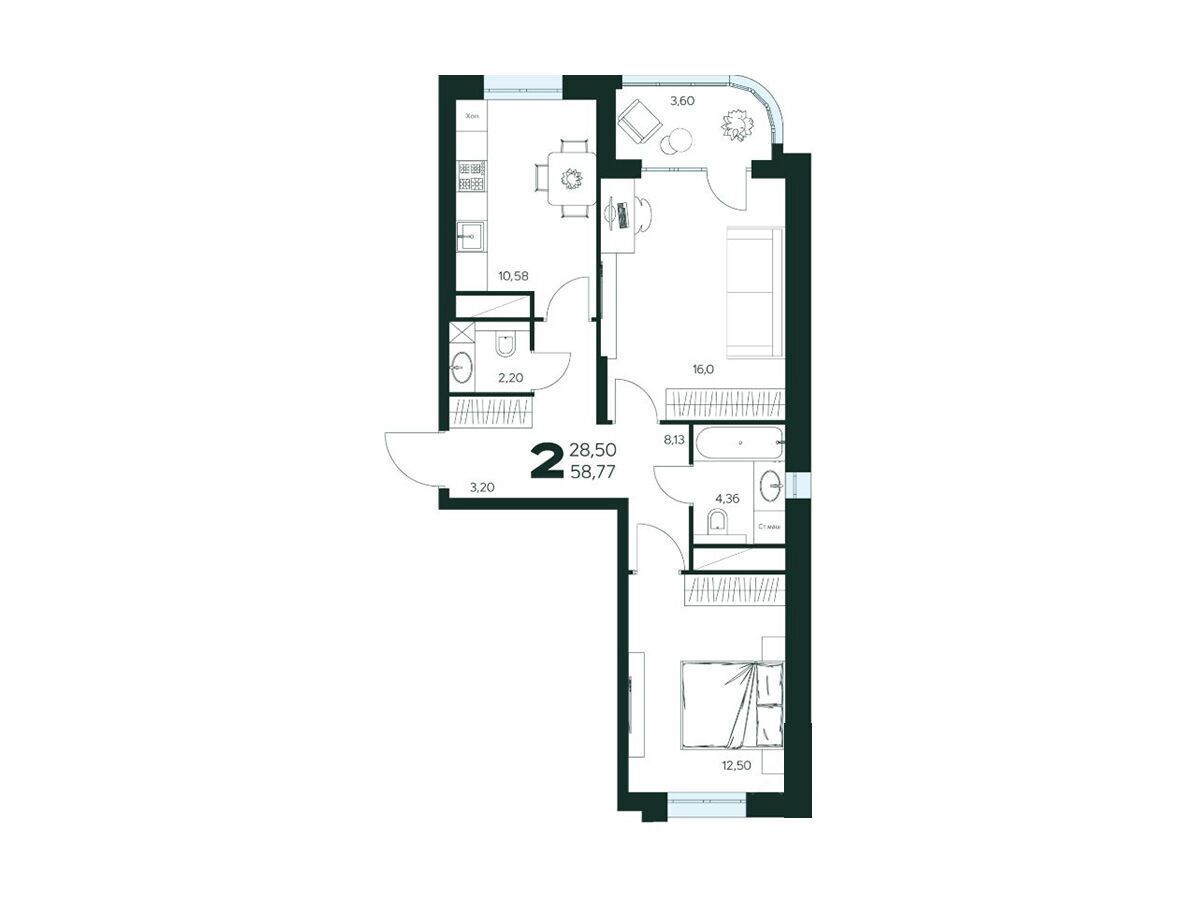 Планировка: 2-комн. квартира 58.77 м² в новостройке Ласточкино