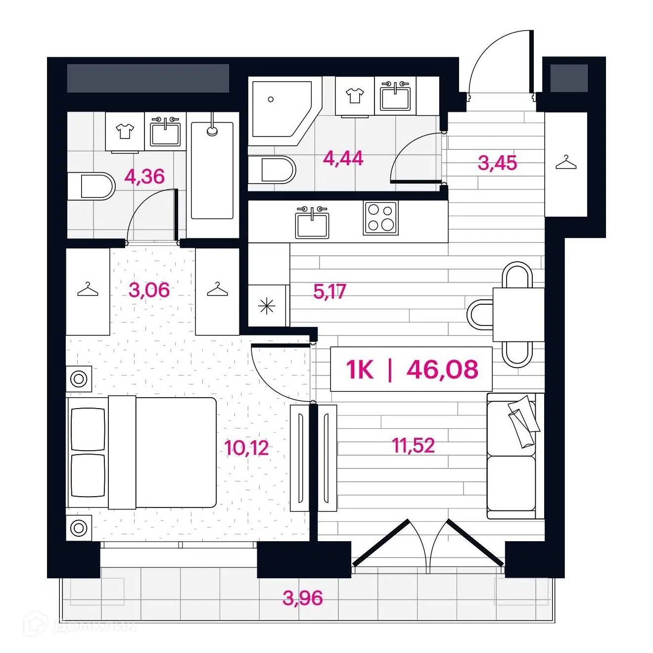 Планировка: 1-комн. квартира 46.08 м² в новостройке Пушкина