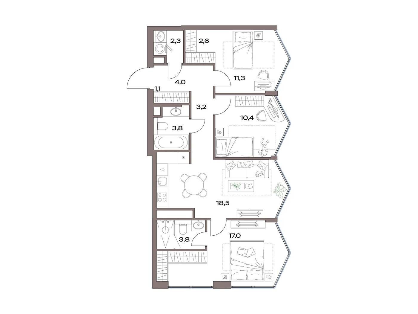Планировка: 3-комн. квартира 81.40 м² в новостройке Акценты