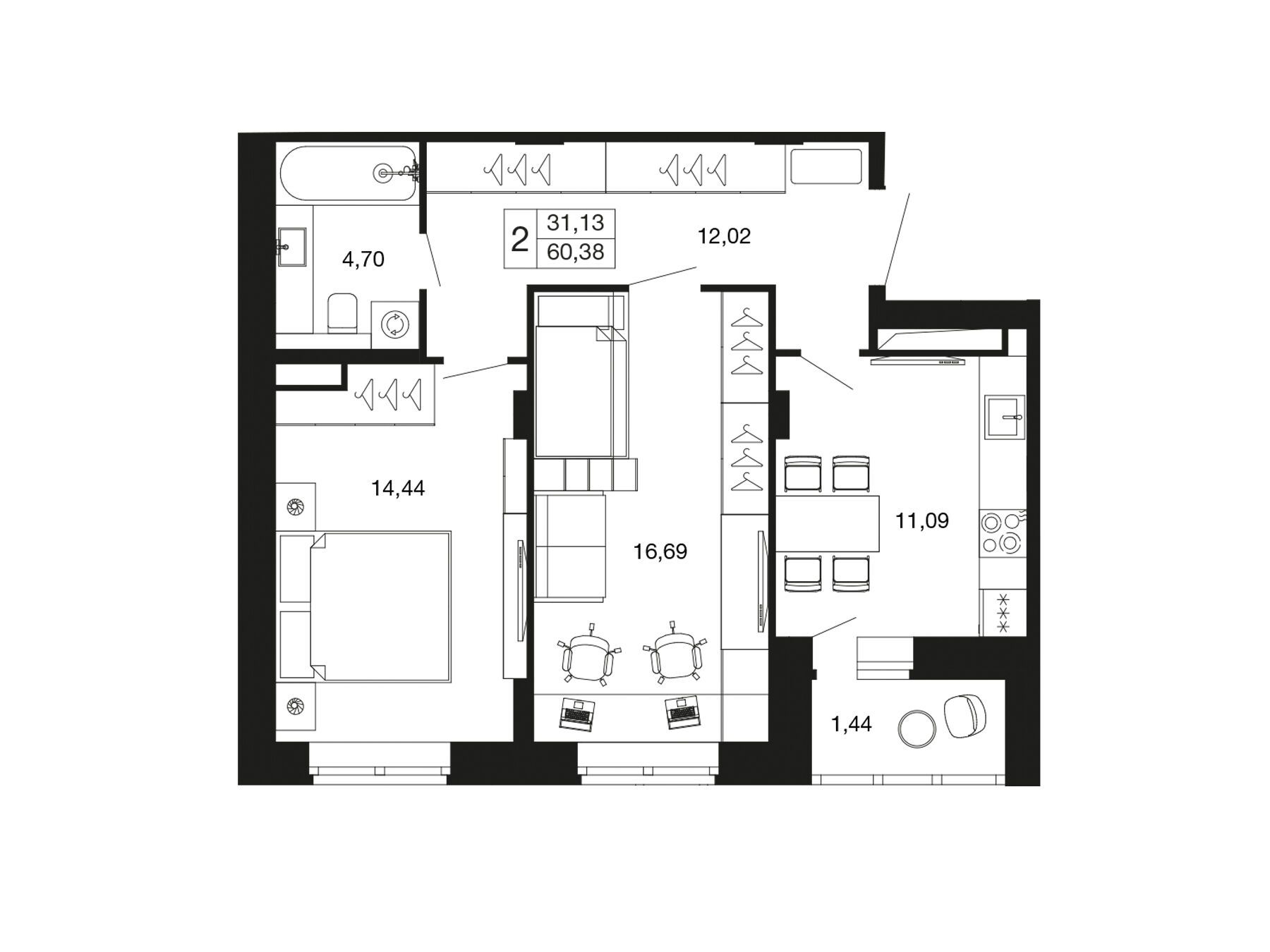 Планировка: 2-комн. квартира 60.30 м² в новостройке ЖК Времена года (Апрелевка)