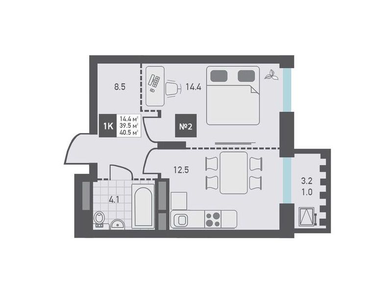 Планировка: 1-комн. квартира 40.50 м² в новостройке Зеленоград Ривьера