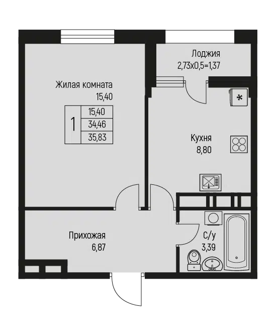 Планировка: 1-комн. квартира 35.83 м² в новостройке Ритм