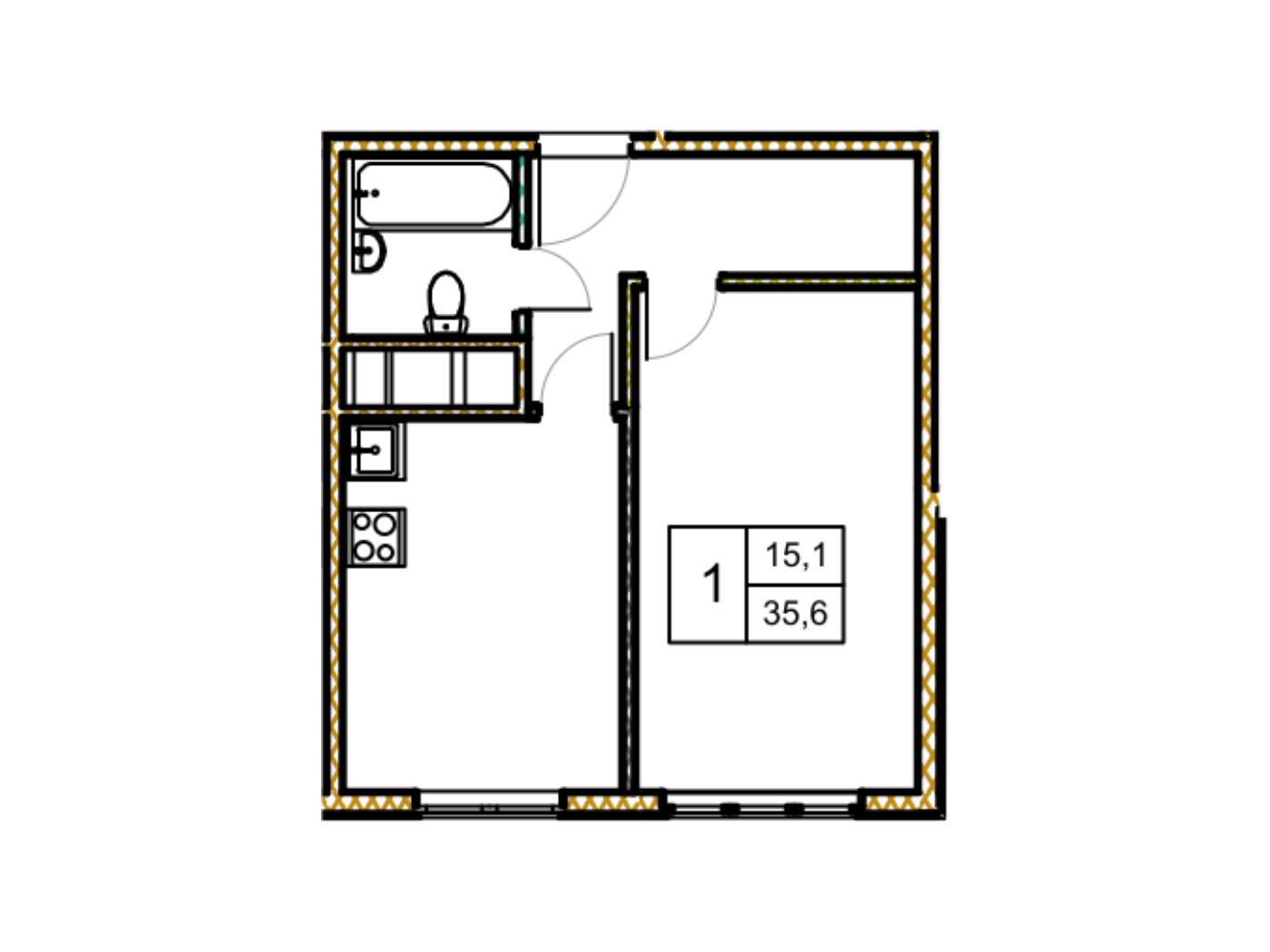 Планировка: 1-комн. квартира 35.80 м² в новостройке Новое Замитино