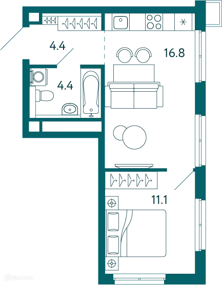 Планировка: 1-комн. квартира 36.70 м² в новостройке Садовые кварталы